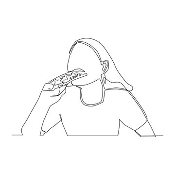 Continuous line of woman biting a piece of pizza vector.