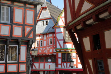 Timbered framed and medieval traditional houses at Fischmarkt (Fish Market) in the medieval town Limburg an der Lahn, Hesse, Germany, Europe