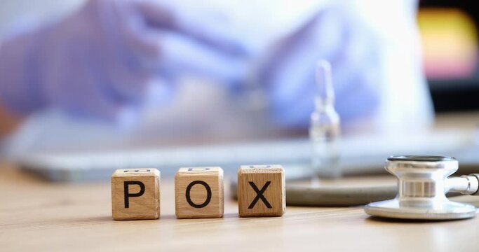 Word pox and doctor with ampoule and syringe