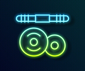 Glowing neon line Barbell icon isolated on black background. Muscle lifting icon, fitness barbell, gym, sports equipment, exercise bumbbell. Vector