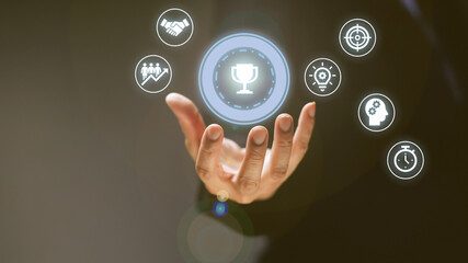 Business data analysis concept, business success with digital screen alternative icons and business people in background.