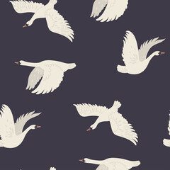 Seamless pattern with flying swans on a dark background. Vector graphics.