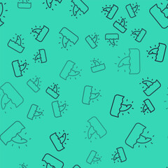 Black line Shark fin in ocean wave icon isolated seamless pattern on green background. Vector