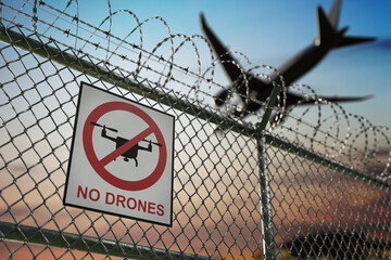 No drone zone sign warning about restricted no fly area near airport. 3D rendered illustration. - obrazy, fototapety, plakaty
