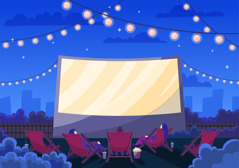 Cartoon Color Open Air Cinema Scene Concept Flat Design Style Night City, Romantic Event. Vector illustration