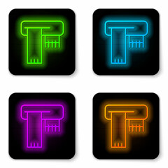 Glowing neon line Winter scarf icon isolated on white background. Black square button. Vector