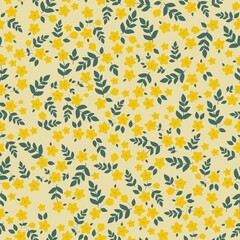 Simple vintage pattern. Small yellow flowers, green leaves. Light yellow background. Fashionable print for textiles and wallpaper.