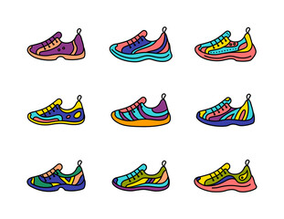 Sneaker Shoes Thin Line Color Icons Set for Training. Vector illustration of Fitness Sport Footwear Icon