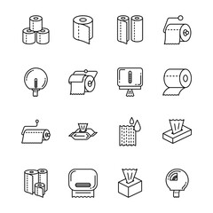 Toilet and Tissue Paper Black Thin Line Icons Set. Vector illustration of Icon Roll Hanging on Wall Holder and Antibacterial Napkin