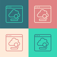 Pop art line Cloud technology data transfer and storage icon isolated on color background. Vector