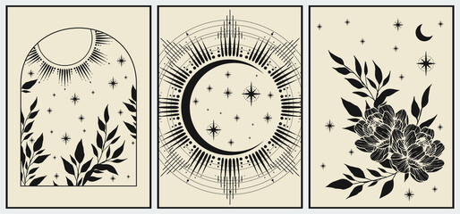 Set of esoteric alchemy mystical magic posters. Crescent, sun, stars, floral elements, sacred geometry. Spiritual talisman, occultism objects. Vector illustration, black colors