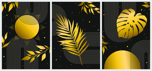 Botanical wall art vector set. Golden foliage line art drawing.  Abstract Plant Art design for wall framed prints, canvas prints, poster, home decor, cover, wallpaper. © Любовь Овсянникова