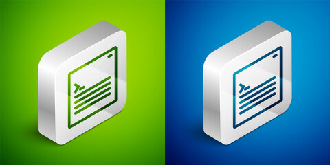 Isometric line Software, web developer programming code icon isolated on green and blue background. Javascript computer script random parts of program code. Silver square button. Vector