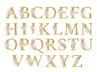 Floral watercolor alphabet, golden letter A-Z with roses, leaves and golden geometric