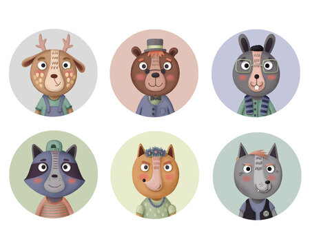 Collection of cartoon portraits of forest animals. Bear, wolf, fox, hare, deer, raccoon. A set of round icons with animals.