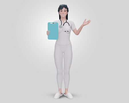 recommend clip art: 3d render., Doctor cartoon character shows clipboard with blank paper. ,Clip art isolated on blue background., Professional recommendation., Medical concept