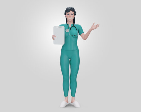 recommend clip art: 3d render., Doctor cartoon character shows clipboard with blank paper. ,Clip art isolated on blue background., Professional recommendation., Medical concept