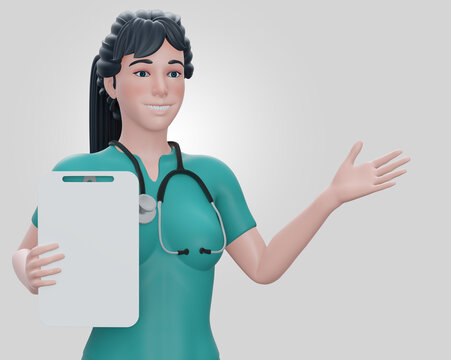 recommend clip art: 3d render., Doctor cartoon character shows clipboard with blank paper. ,Clip art isolated on blue background., Professional recommendation., Medical concept