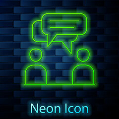 Glowing neon line Two sitting men talking icon isolated on brick wall background. Speech bubble chat. Message icon. Communication or comment chat symbol. Vector