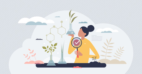 Ecology research and innovation with nature scientific analysis tiny person concept. Biological tests with growing plants from biochemistry gene aspect vector illustration. Environmental biology lab