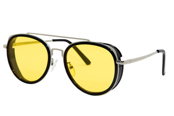 Trendy Sunglasses aviator style silver frame with yellow lens isolated on white background front...