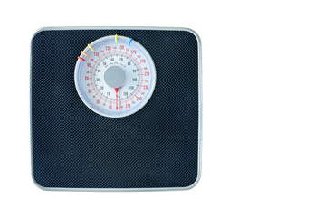 Mechanical weight scale, body mass control concept : Bathroom scale isolated on white background. Analog scale operated with spring that pressure is calibrated to translate tension into a mass readout