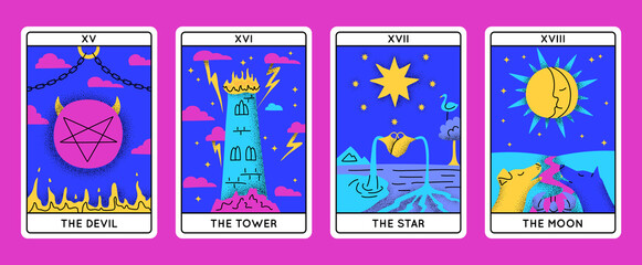 Cartoon Color Magical Tarot Cards Major Arcana Set Concept Flat Design Style Include of Star, Moon, Devil and Tower. Vector illustration