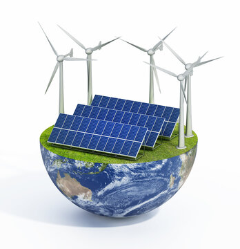 Solar panels, and wind turbines on green grass. 3D illustration