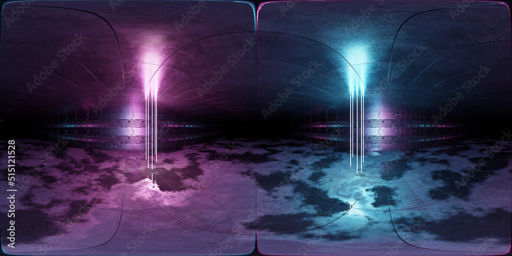 Poster tunnel environment background with metal panels wall lighted with laser lights. 3d rendering