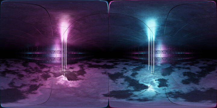 Tunnel environment background with metal panels wall lighted with laser lights. 3d Rendering