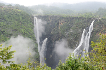 Mist and lush green around Jog waterfalls in Karnataka in south India