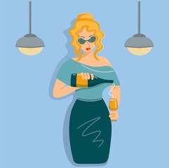 The woman bartender pours wine. A girl with a bottle in her hands makes a cocktail. The lady wants a drink. Spectacular woman in glasses prepares drinks. The blonde works as a bartender. vector image,