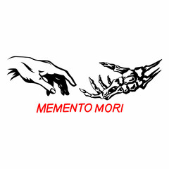 Obraz premium memento mori.vector illustration.image of two hands and font.elements on a white background.modern typography design perfect for tattoo,web design,poster,banner,t shirt,sticker,social media,flyer,etc