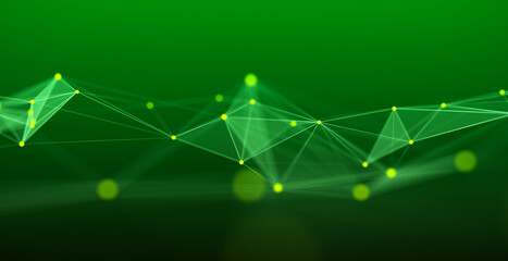 Abstract green digital background. Visualization of big data. Network connection. Worldwide connection to the Internet. Scientific background with lines and dots. 3d rendering.