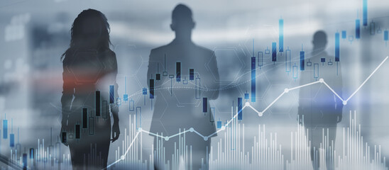 Trading candlestick chart and diagrams on blurred office center background people