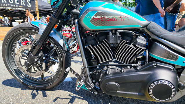 Close up of a Harley Davidson bike on a show at Lugano on Switzerland