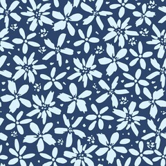 Fototapeta premium Simple floral vector seamless pattern. Light flowers on a dark blue background. For fabric prints, textiles, clothing. Spring summer collection.