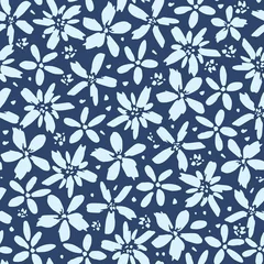 Fotobehang Stijlen patronen Simple floral vector seamless pattern. Light flowers on a dark blue background. For fabric prints, textiles, clothing. Spring summer collection.  © MaxNadya