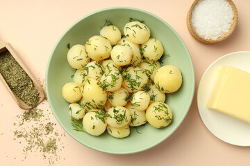 Concept of tasty food with boiled young potatoes, top view