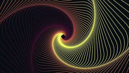 Twisted gradient lines of an oval frame. Vector 3d tunnel made of geometric shapes. Abstract graphic spiral on a dark background.