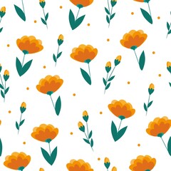 Simple vintage pattern. orange flowers and dots. green leaves . white background. Fashionable print for textiles and wallpaper.