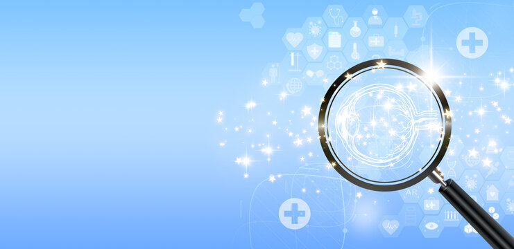 Doctor checks eyesight with a realistic human eye hologram. Modern ophthalmologist, vision concept, laser eye surgery, catheract.