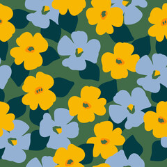 Simple vintage pattern. Yellow and blue flowers, dark green leaves. green background. Fashionable print for textiles and wallpaper.