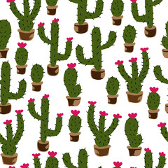 A simple pattern of cacti. White background, funny green cacti in pots. Print is well suited for textiles, Wallpaper and packaging.