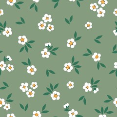 Simple vintage pattern. White flowers, green leaves. Light green background. Fashionable print for textiles and wallpaper.