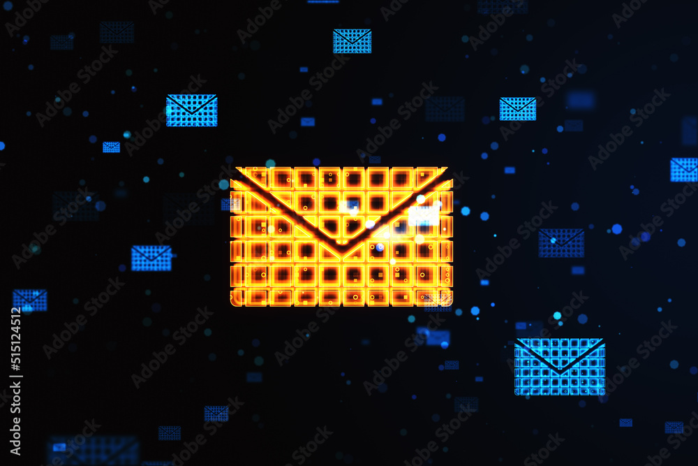 Poster Newsletter marketing and email concept with digital glowing envelope symbol on abstract dark technological background. 3D rendering