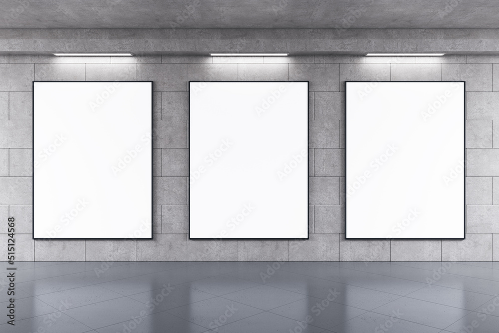 Aufkleber Front view on three blank white posters in black frame with space for your text or logo on grey wall background in abstract subway with concrete glossy floor. 3D rendering, mock up