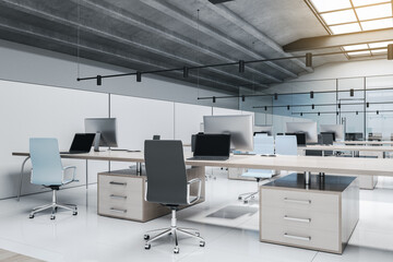Bright concrete and wooden coworking office interior with furniture, equipment, glass partitions and sunlight. Empty workplace concept. 3D Rendering.