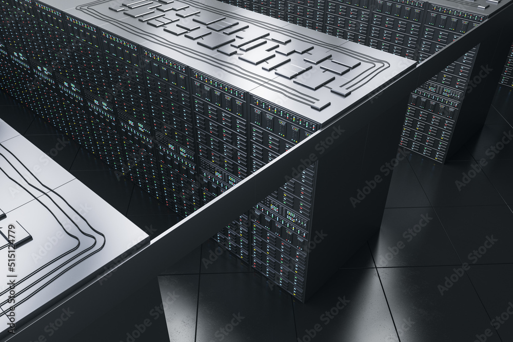 Poster creative server room interior wallpaper with racks. cloud computing and telecommunication concept. 3