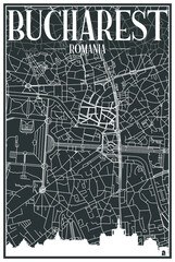 Dark printout city poster with panoramic skyline and hand-drawn streets network on dark gray background of the downtown BUCHAREST, ROMANIA
